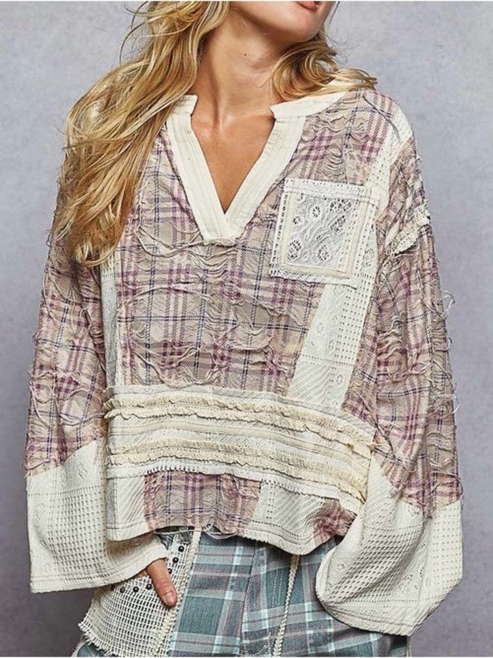 POL Plaid Distressed Knit Top